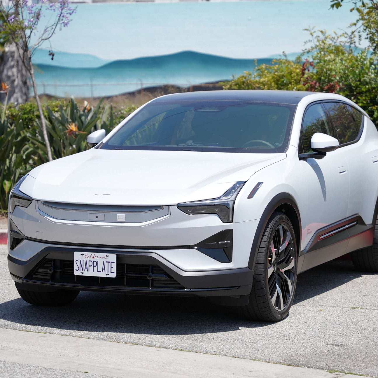 A white electric SUV with a SNAPLATE license plate is parked on a street near greenery and water.