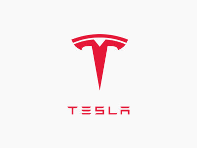 Red Tesla logo with stylized T above the word Tesla on a white background.