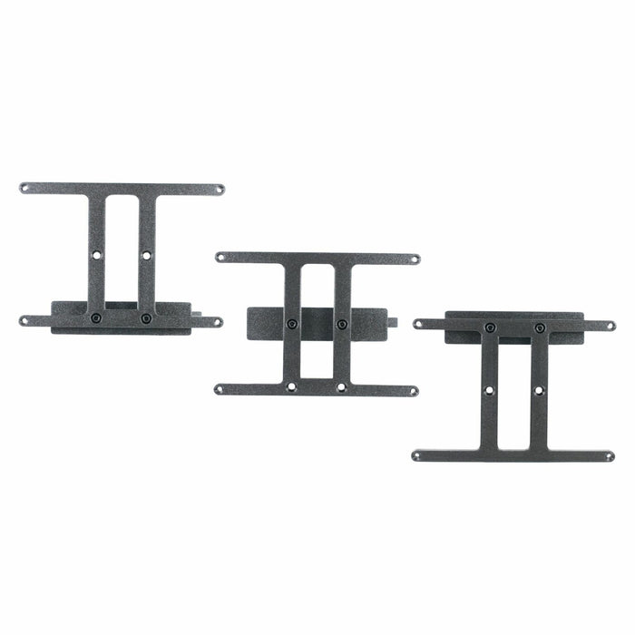 Three metal wall brackets with multiple holes for mounting are arranged horizontally on a white background.