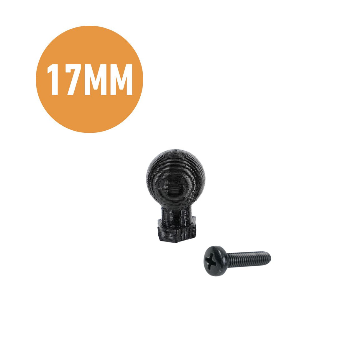 EveryAmp 17mm Ball Mount features a Black, hexagonal base made from durable PolyHex plastic and comes with a screw against a white background.