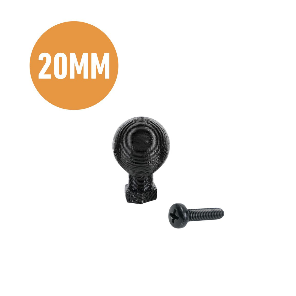 A black EveryAmp 20mm Ball Mount with a matching M5 stainless steel screw is displayed on a white background.