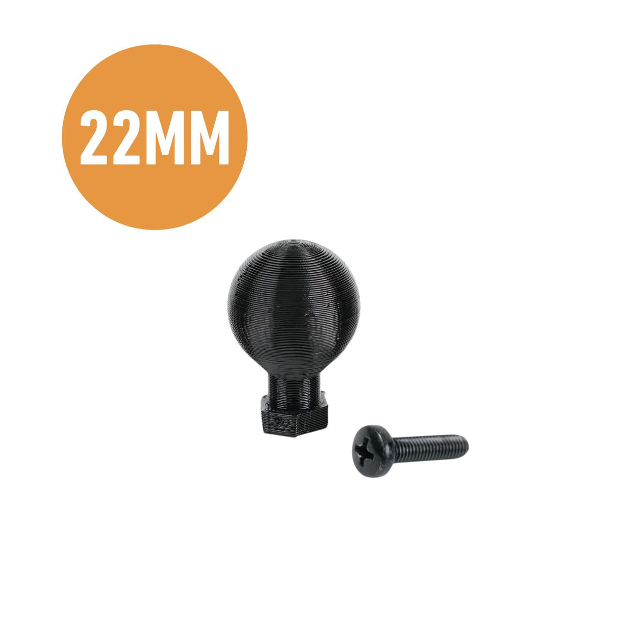 The 22mm Ball Mount by EveryAmp is a black PolyHex plastic piece with an adjacent screw. It features an orange circle labeled 22MM on the top left, displayed on a white background highlighting its sleek 3D-printed design.