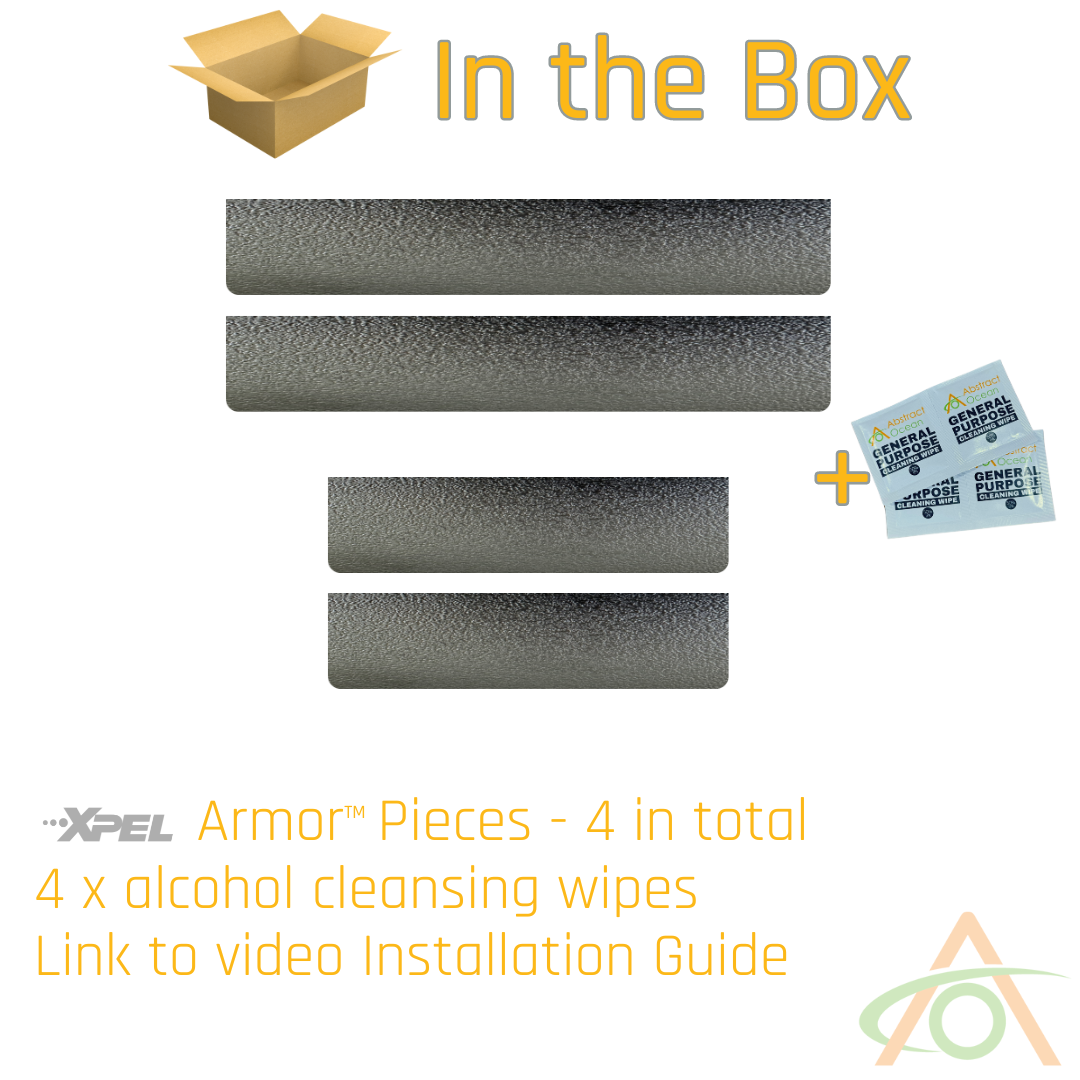 The image shows the Abstract Oceans Ultra-Tough Xpel Armor Door Sill Protection for Cybertruck, featuring four XPEL Armor pieces, four alcohol wipes, and a video guide link for ultimate protection. Ideal for anyone looking to safeguard their Cybertruck door sills with tough paint protection film.
