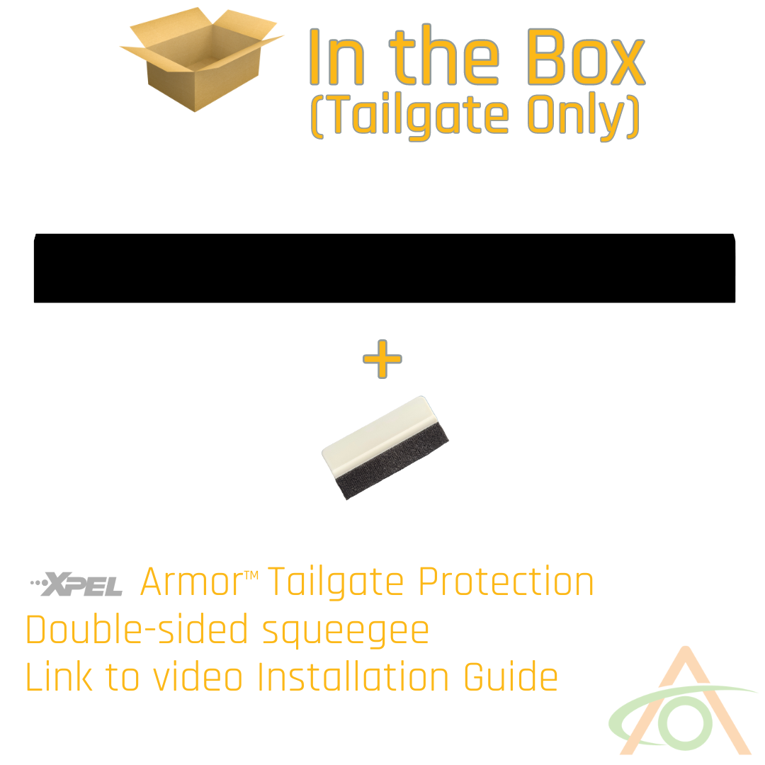 Image displays the contents of a Tailgate Only Ultra-Tough Xpel Armor Bed Protection for Cybertruck box by Abstract Ocean: a black rectangle, double-sided squeegee, and link to video installation guide with logos and stylized text.
