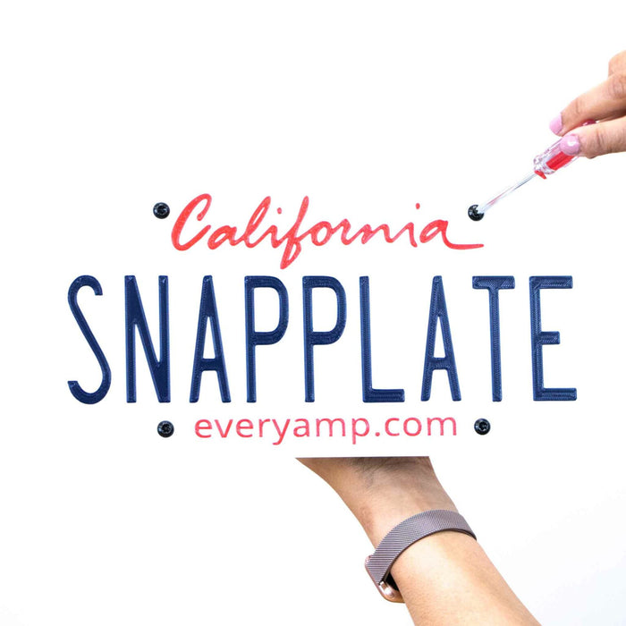 Person installing a Snapplate with a screwdriver, featuring the text California Snapplate and everyamp.com on a white background.