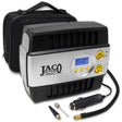 The JACO SmartPro™ 12v Digital Tire Inflator Pump boasts a digital gauge, display, power button, and hose. It comes with nozzle attachments and a car adapter power cord, all stored in a black carrying case, offering up to 100 PSI of portable tire inflation.