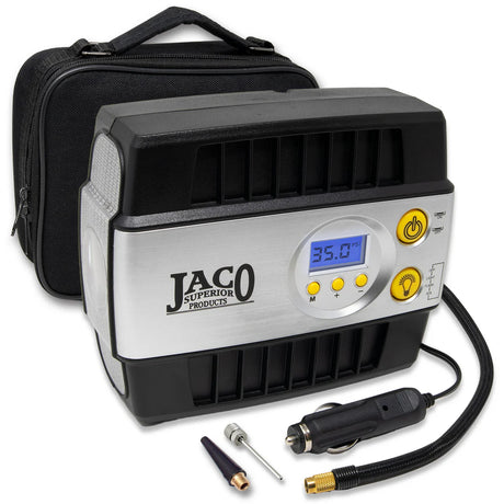 The JACO SmartPro™ 12v Digital Tire Inflator Pump boasts a digital gauge, display, power button, and hose. It comes with nozzle attachments and a car adapter power cord, all stored in a black carrying case, offering up to 100 PSI of portable tire inflation.