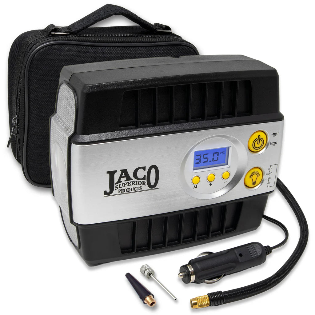 The JACO SmartPro™ 12v Digital Tire Inflator Pump boasts a digital gauge, display, power button, and hose. It comes with nozzle attachments and a car adapter power cord, all stored in a black carrying case, offering up to 100 PSI of portable tire inflation.