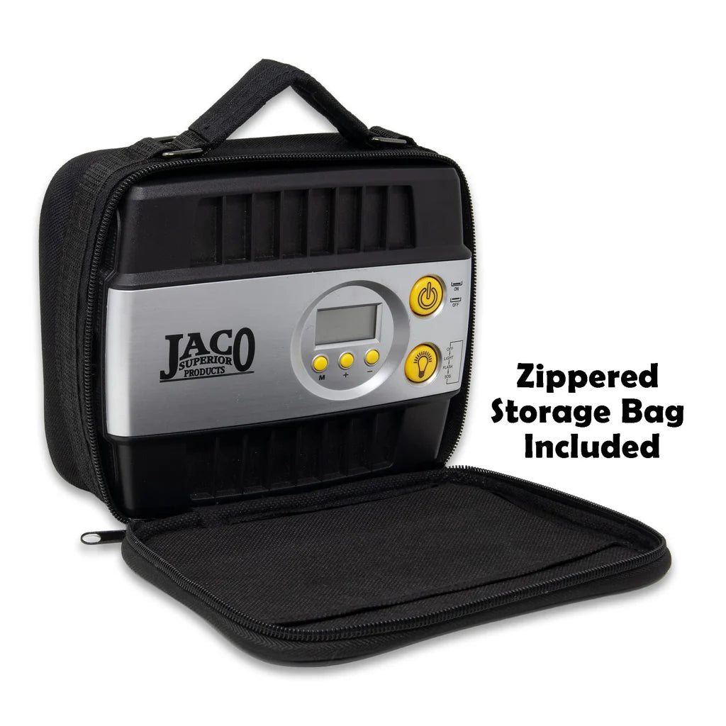 The JACO SmartPro™ 12v Digital Tire Inflator Pump - 100 PSI is a portable tire air compressor featuring a digital display, buttons, and comes with a black zippered carrying case. The image text states, Zippered Storage Bag Included.