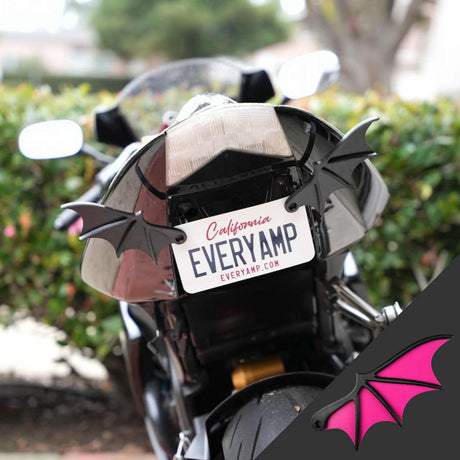 The motorcycle rear features a California license plate, EVERYAMP, framed by License Plate Bat Wings from EveryAmp. The plate is stylishly and sustainably mounted using SnapPlates made from recycled PETG plastic.