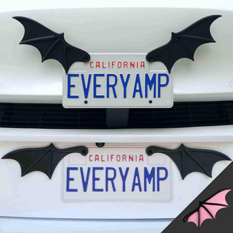 A California SnapPlate crafted from recycled PETG plastic showcases an EveryAmp license plate adorned with License Plate Bat Wings on the vehicle.