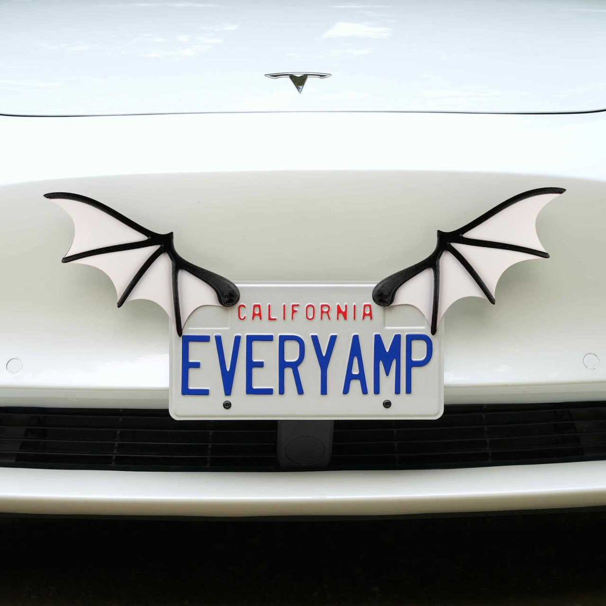 A car with the California SnapPlate reading EVERYAMP cruises down the road, enhanced by EveryAmps License Plate Bat Wings made from recycled PETG plastic.