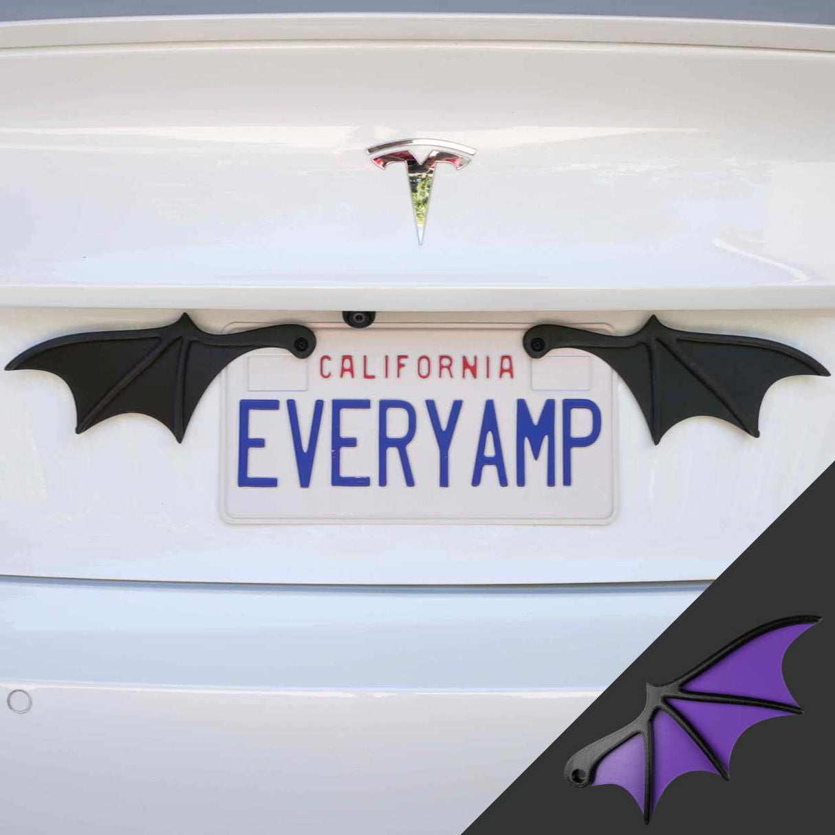 A Tesla with a custom EVERYAMP plate sports EveryAmp License Plate Bat Wings in purple and a SnapPlate made from recycled PETG plastic, enhancing its eco-friendly, sleek design.