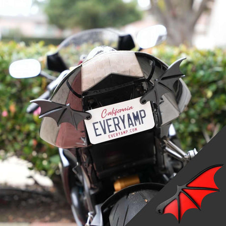 A motorcycle displays its EveryAmp California license plate with License Plate Bat Wings on the rear, made from durable recycled PETG plastic.