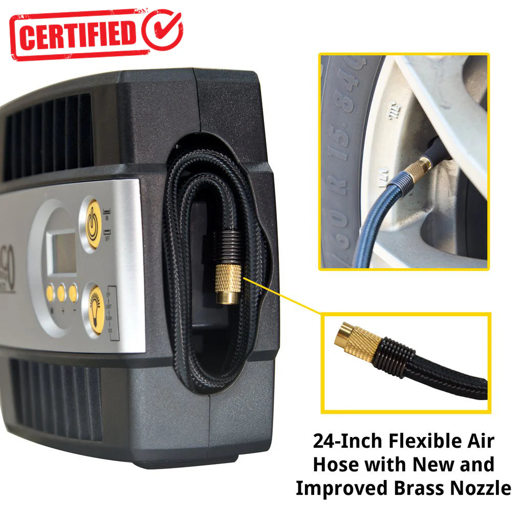 The JACO SmartPro™ 12v Digital Tire Inflator Pump, featuring a 24-inch flexible hose and brass nozzle, is connected to a car tire. Its certified label is visible, and the inflator includes a digital gauge for precise measurements.