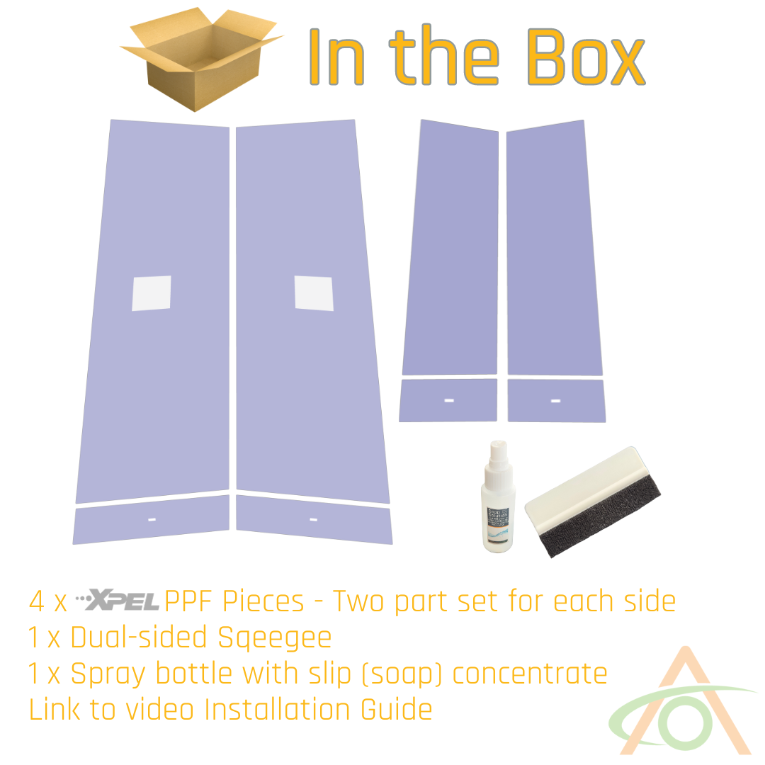 Image of In the Box items: 4 Abstract Ocean B & C Pillar Protection - PPF for Cybertruck pieces, dual-sided squeegee, spray bottle with soap concentrate, installation guide link. Includes cardboard box icon and logo.