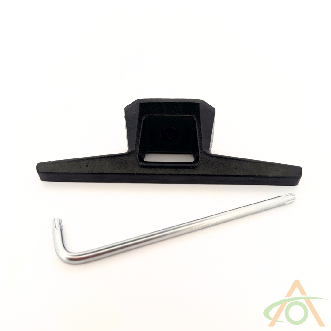 The Abstract Ocean Cybertruck L-Track Accessories include a heavy-duty black aluminum mounting bracket and a silver Allen wrench on a white background, perfect for reinforcing the Cybertruck vault.