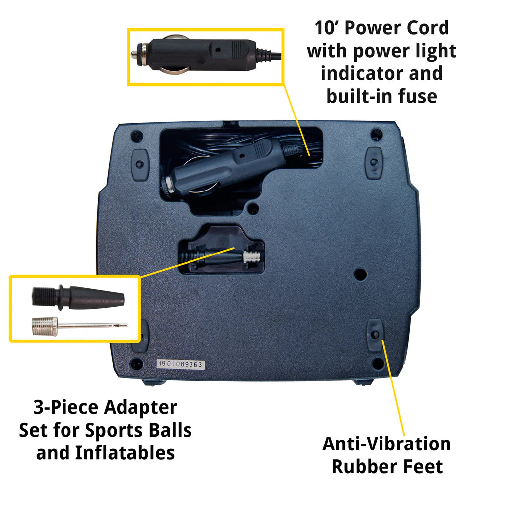 The JACO SmartPro™ 12v Digital Tire Inflator Pump, a portable air compressor with anti-vibration rubber feet, features a power cord with light indicator and built-in fuse, along with a 3-piece adapter set for sports balls and inflatables.