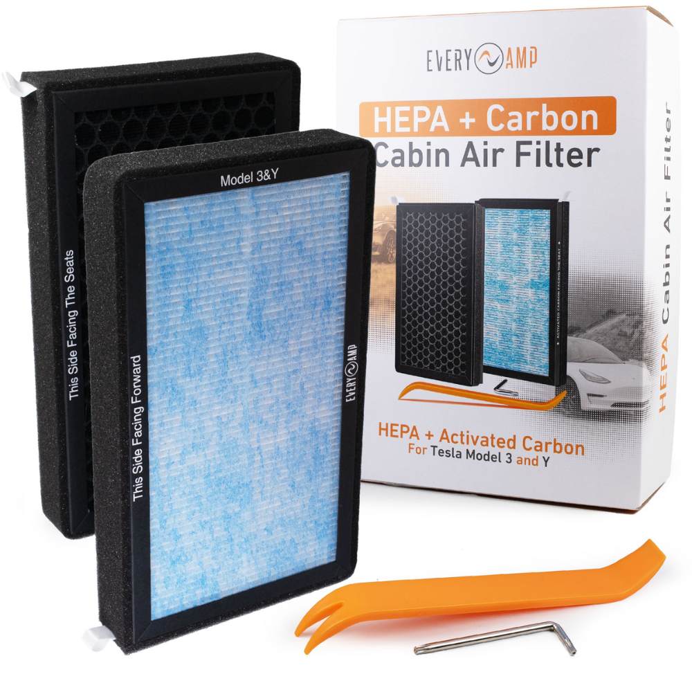 EveryAmp HEPA filters for Tesla Model 3 and Y include two filters, a pry tool, and a t20 torx wrench
