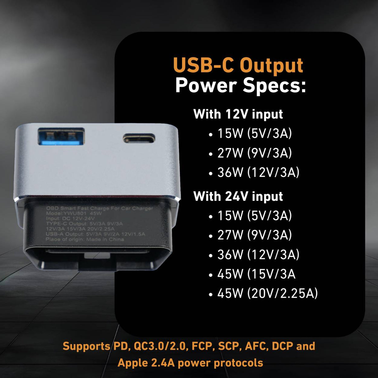 EveryAmp OBD2 to USB adapter USB-C port supplies up to 45W output power