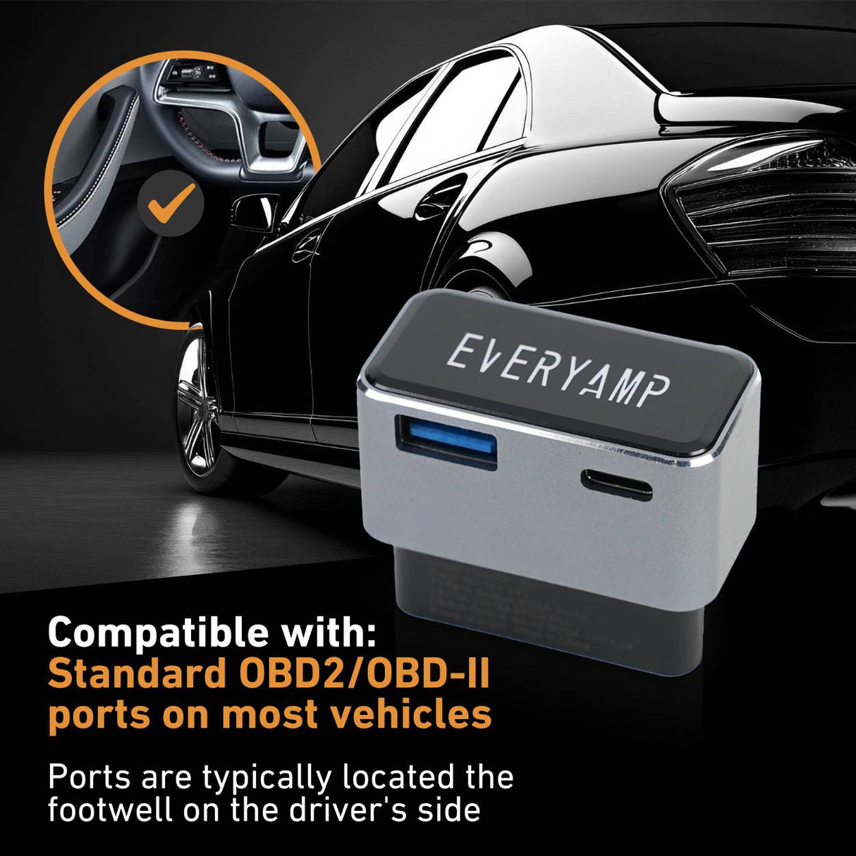 EveryAmp OBD2 to USB adapter works with standard OB2 ports in most vehicles