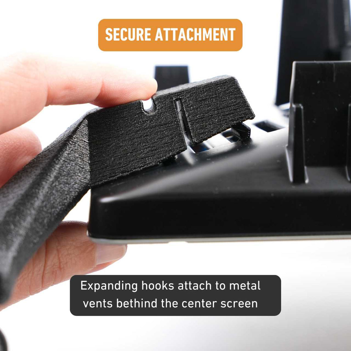 Phone mount dash anchor for Rivian R1T and R1S securely attaches to the metal vents behind the center screen