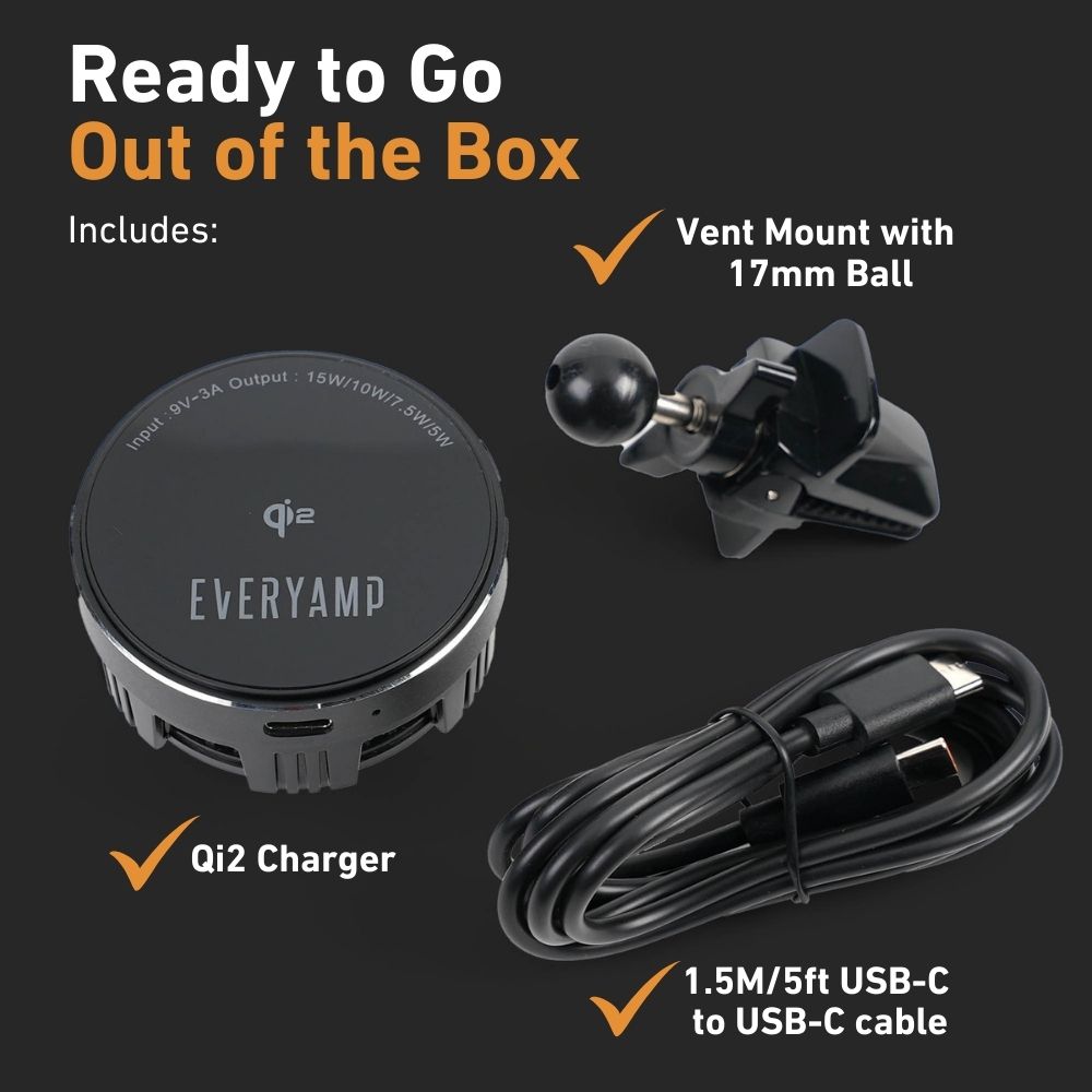 EveryAmp Qi2 charger includes 17mm vent mount and 5ft/1.5m USB-C cable