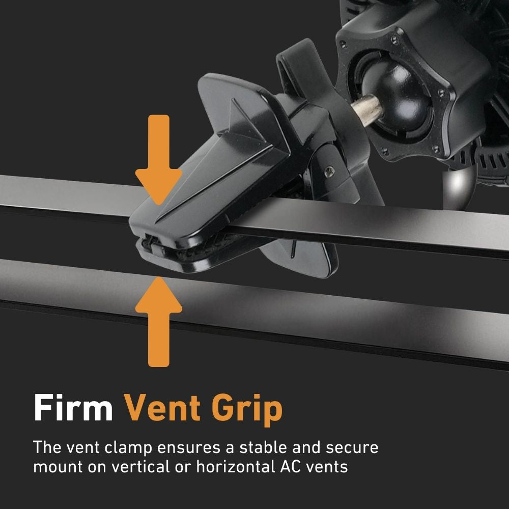 EveryAmp Qi2 charger includes a vent clip ball mount that attaches to horizontal and vertical vents