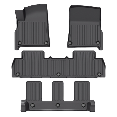 LinerX Floor Mats for 2022-2024 Rivian R1S, made from black Thermoplastic Elastomer with a ridged texture for advanced performance, are shown vertically on a plain white background.