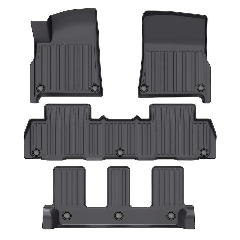 LinerX Floor Mats for 2022-2024 Rivian R1S, made from black Thermoplastic Elastomer with a ridged texture for advanced performance, are shown vertically on a plain white background.