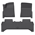Three black LinerX Floor Mats for the 2022-2024 Rivian R1T feature a ribbed texture. Made from durable Thermoplastic Elastomer, they ensure a precision fit in specific vehicle footwells and are displayed on a plain background.