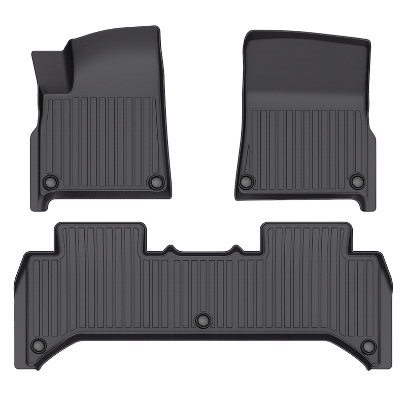 Three black LinerX Floor Mats for the 2022-2024 Rivian R1T feature a ribbed texture. Made from durable Thermoplastic Elastomer, they ensure a precision fit in specific vehicle footwells and are displayed on a plain background.