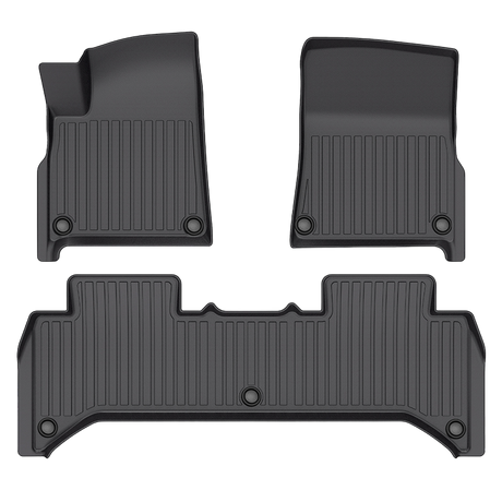 Three black LinerX Floor Mats for the 2022-2024 Rivian R1T feature a ribbed texture. Made from durable Thermoplastic Elastomer, they ensure a precision fit in specific vehicle footwells and are displayed on a plain background.