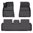Three LinerX black car floor mats for 2024-2025 Tesla Model 3, made from durable Thermoplastic Elastomer. Two mats are rectangular with rounded edges; the wider bottom mat is contoured, offering superior floor protection.