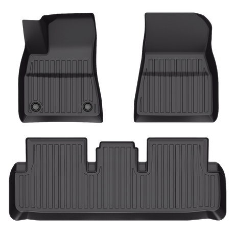 Three LinerX black car floor mats for 2024-2025 Tesla Model 3, made from durable Thermoplastic Elastomer. Two mats are rectangular with rounded edges; the wider bottom mat is contoured, offering superior floor protection.