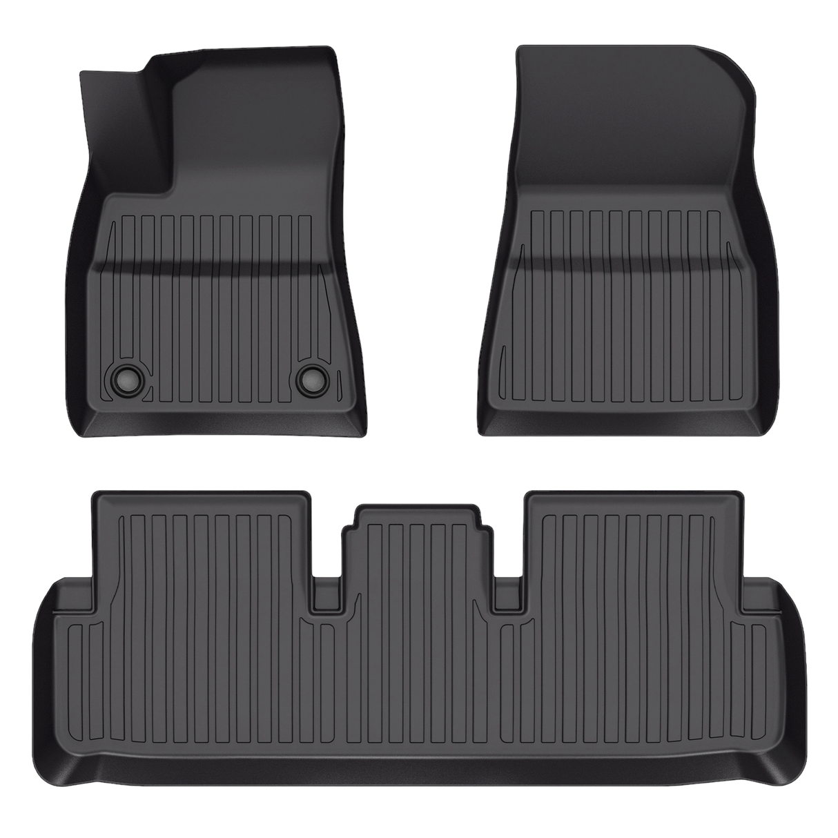 Three LinerX black car floor mats for 2024-2025 Tesla Model 3, made from durable Thermoplastic Elastomer. Two mats are rectangular with rounded edges; the wider bottom mat is contoured, offering superior floor protection.