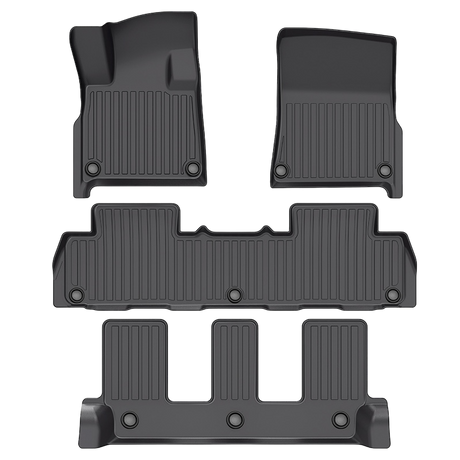 LinerX Floor Mats for the 2025 Rivian R1S, by LinerX, feature a set of four black mats with a ribbed design made from durable thermoplastic elastomer, displayed in a flat layout.