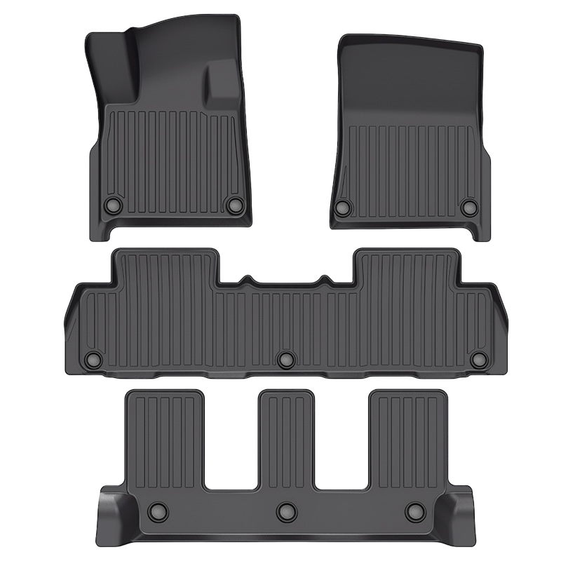 LinerX Floor Mats for the 2025 Rivian R1S, by LinerX, feature a set of four black mats with a ribbed design made from durable thermoplastic elastomer, displayed in a flat layout.