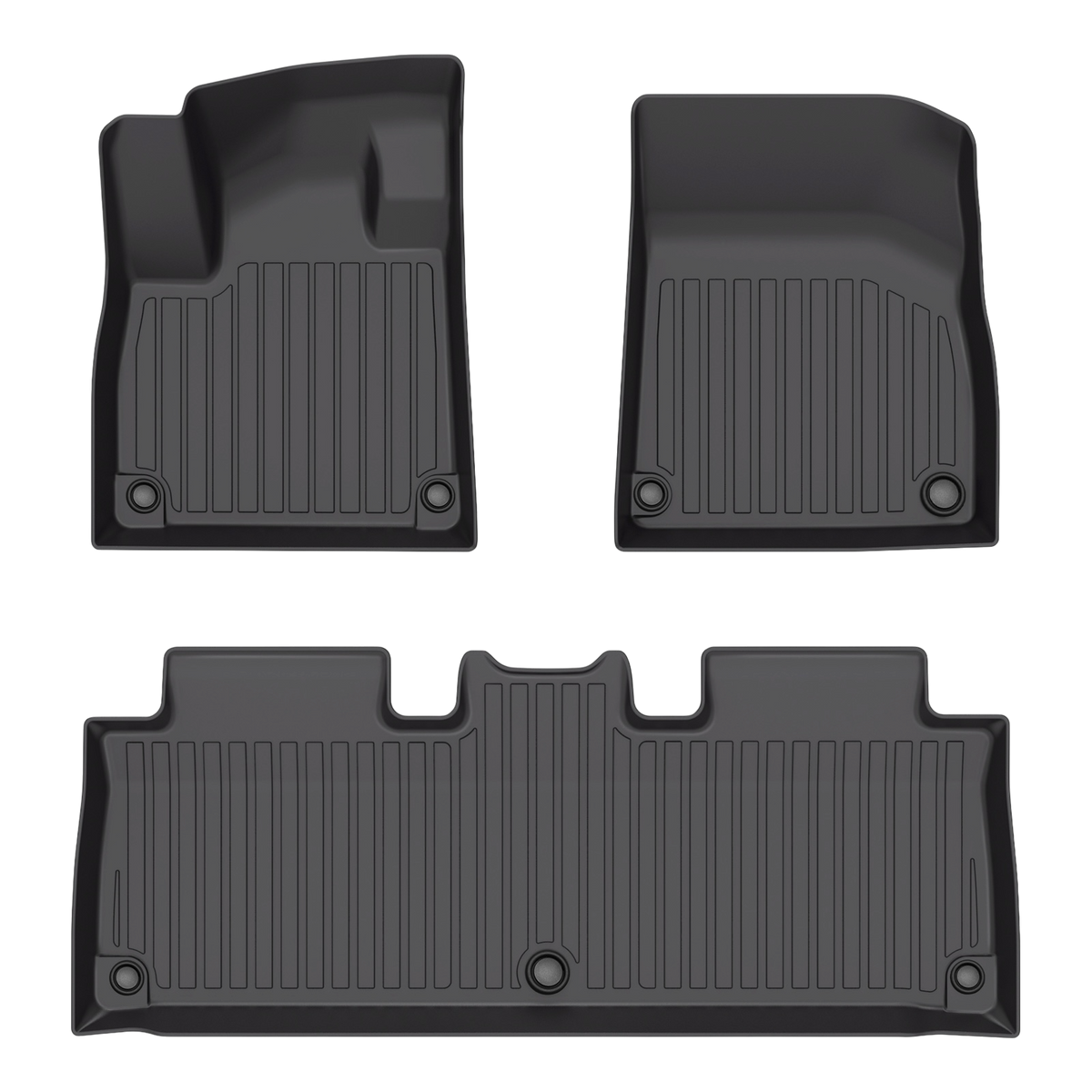 Set of three black molded LinerX Floor Mats for Rivian R2 (2027) with ribbed patterns and mounting grommets.