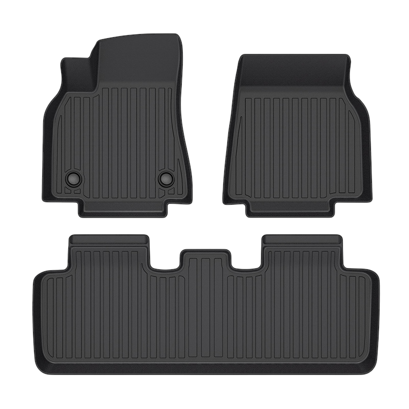 The LinerX Floor Mats for 2020-2024 Tesla Model Y (5 or 7 Seater) provide reliable floor protection with durable Thermoplastic Elastomer, vertical grooves to trap dirt and moisture, and a sleek black design perfect for your Model Ys interior.