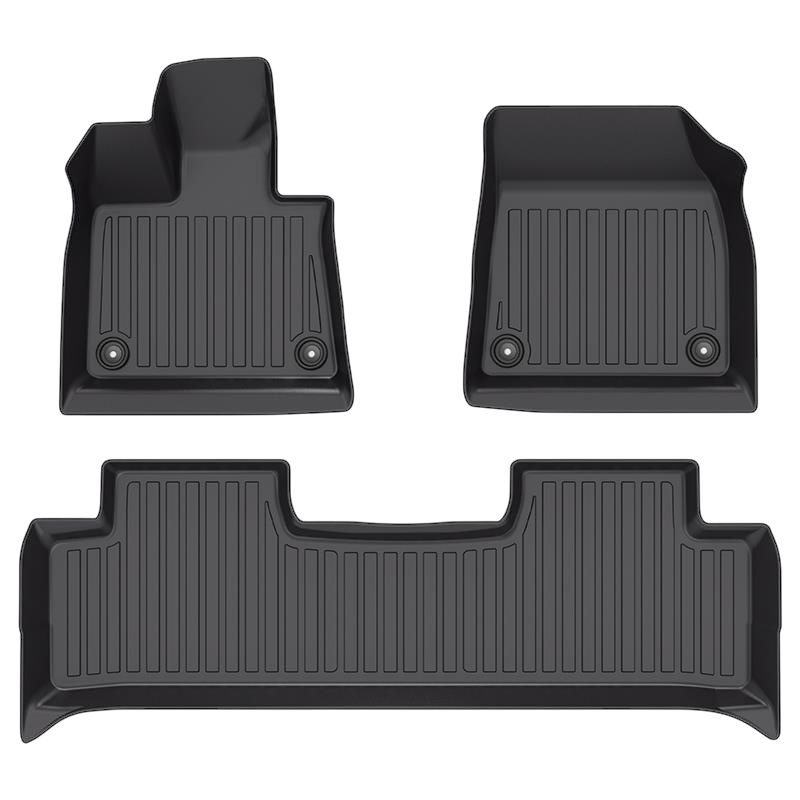 LinerX Floor Mats for 2025-2026 Polestar 3: set of three black, contoured mats with raised edges and textured surfaces, made from thermoplastic elastomer for a precise fit and all-weather protection.