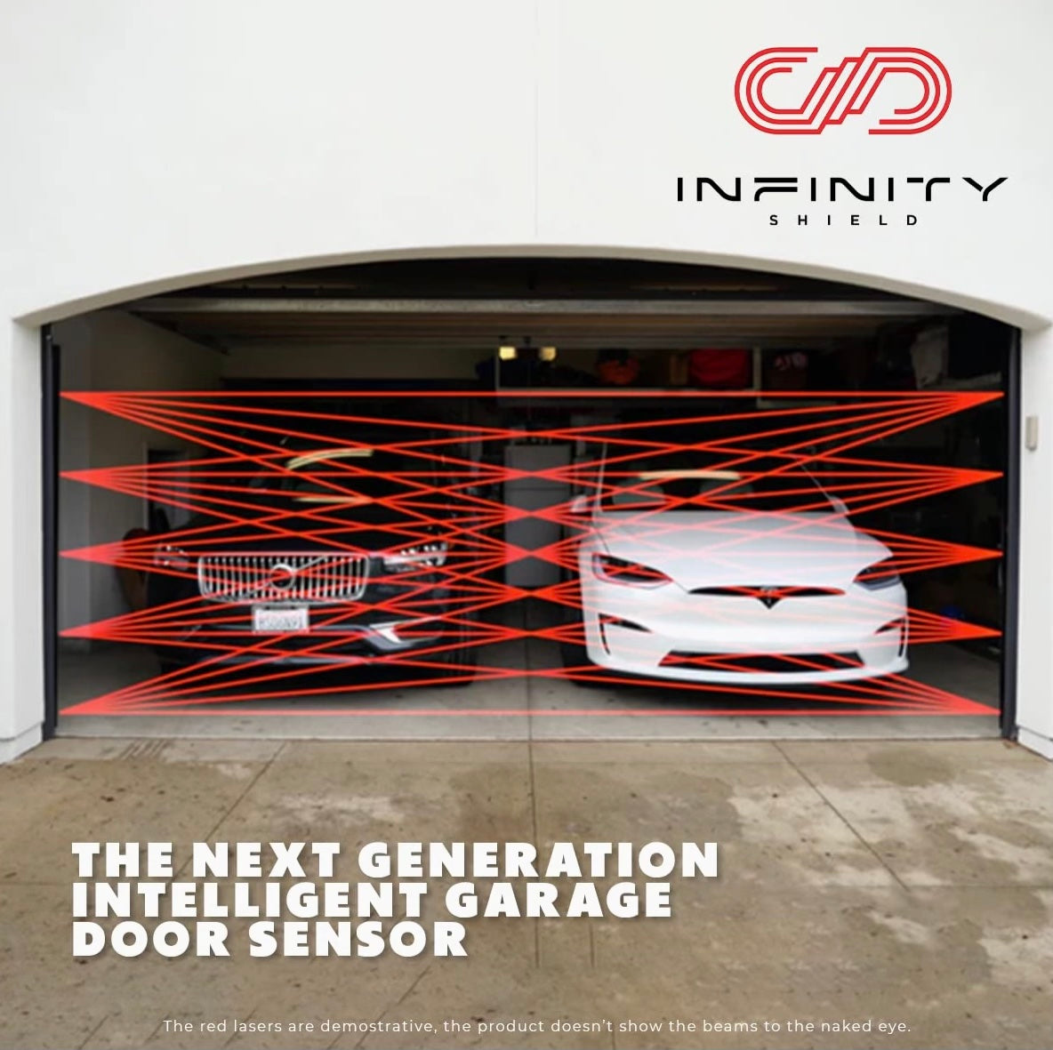 Two cars parked in a garage, red laser beams across the entrance highlight The Infinity Shield's Full-Coverage Garage Door Sensors with integrated optic sensors for enhanced security.