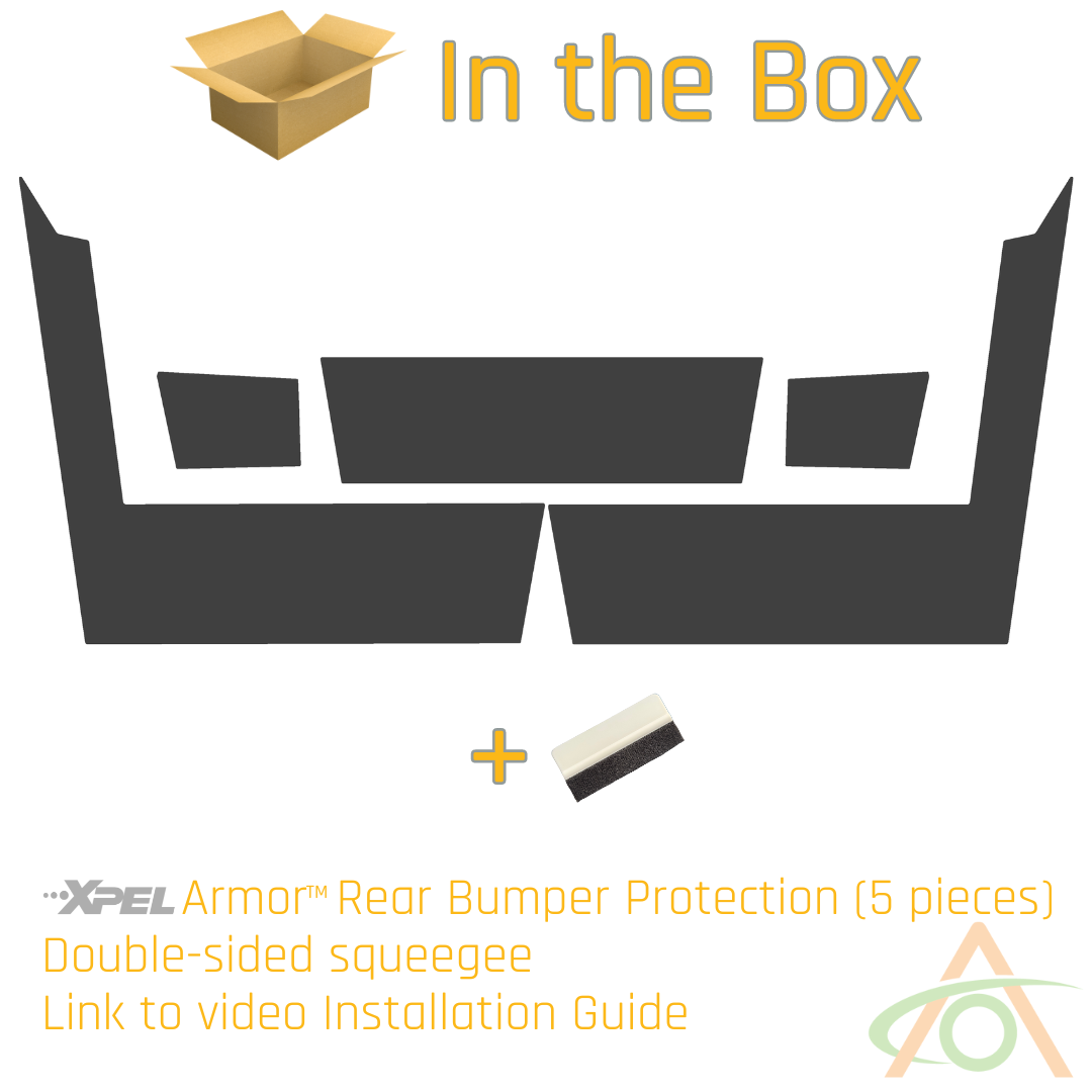 Illustration of box contents: Abstract Oceans Ultra-Tough XPEL Armor rear bumper protection kit for Cybertruck trim, featuring 5 pieces, a double-sided squeegee, and a video installation guide link.
