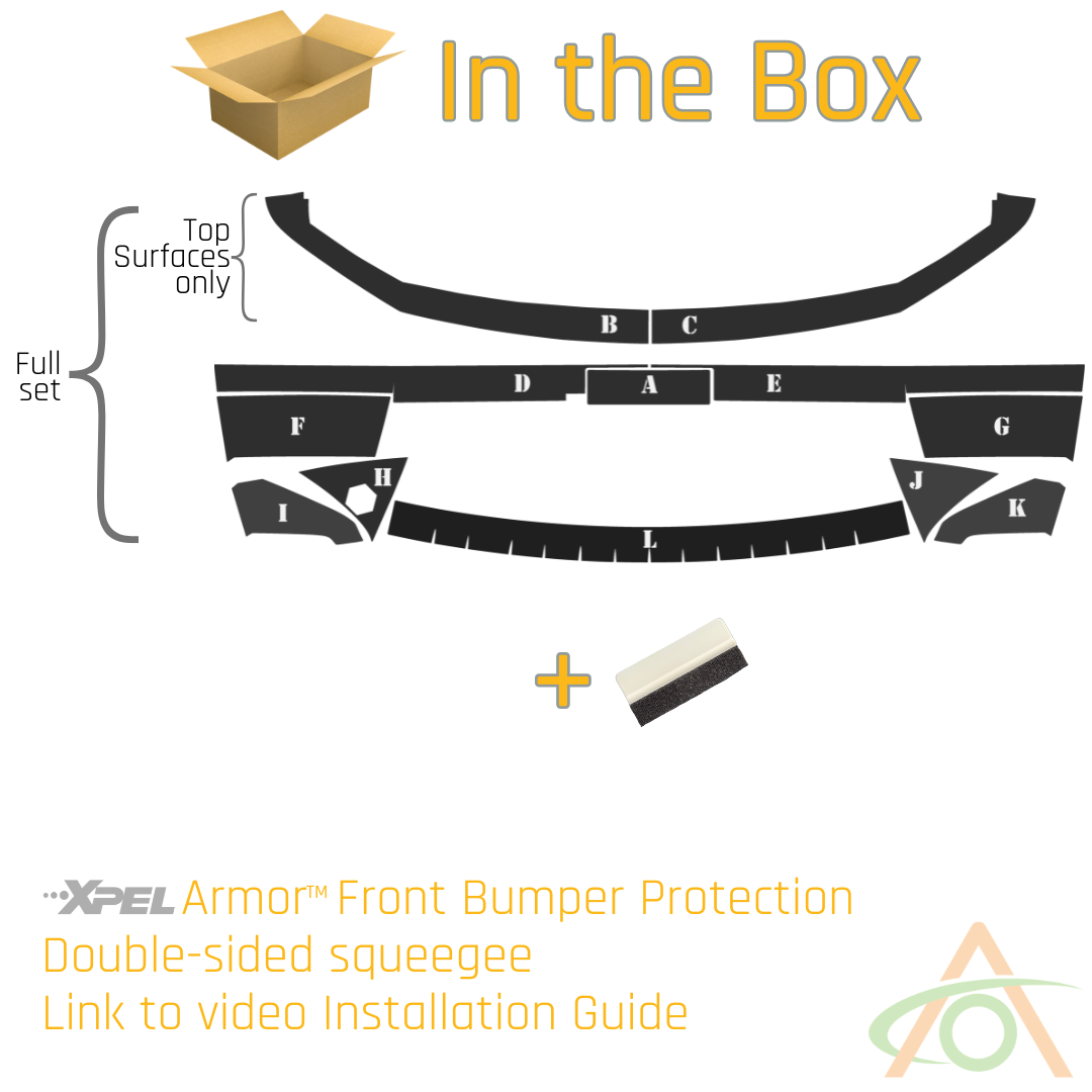 Diagram of Abstract Oceans Ultra-Tough Xpel Armor Front Bumper Protection for Cybertruck, featuring labeled sections, trim details, a double-sided squeegee, and a cardboard box icon. Includes text mentioning a video installation guide for the protection film.