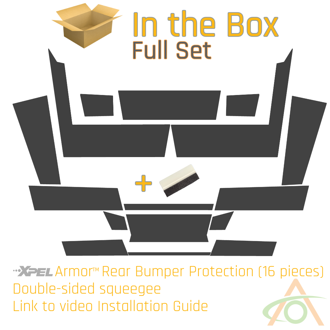 Explore the Ultra-Tough Xpel Armor Rear Bumper Protection set by Abstract Ocean for Cybertruck, featuring 16 pieces and a double-sided squeegee. A video guide is included for effortless installation and durable protection.