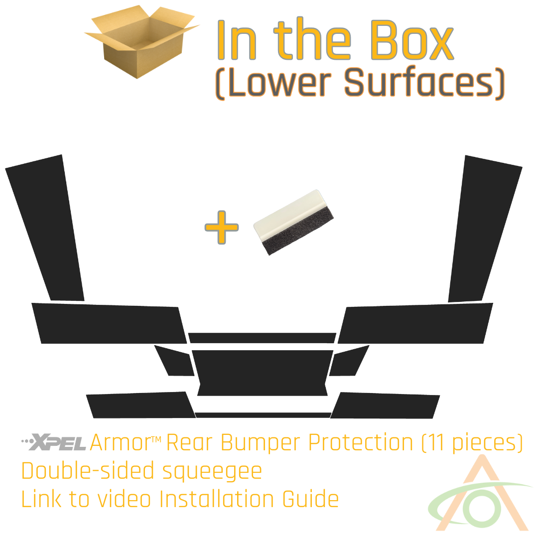 Abstract Oceans Ultra-Tough Xpel Armor Rear Bumper Protection for Cybertruck features 11 protective pieces, a double-sided squeegee, and a video installation guide link.