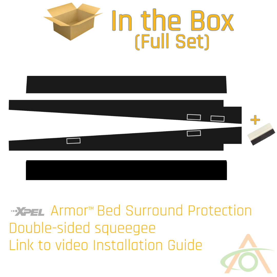 Image showcasing the Abstract Ocean Ultra-Tough Xpel Armor Bed Protection for Cybertruck with black panels, a double-sided squeegee, an installation video guide link, and a box icon.