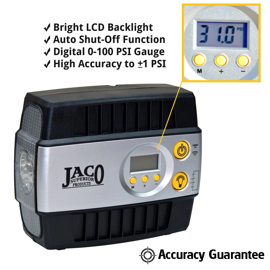 The JACO SmartPro™ 12v Digital Tire Inflator Pump features a bright LCD displaying 31.0 PSI, digital gauge from 0-100 PSI, auto shut-off, and ensures high accuracy within ±1 PSI.