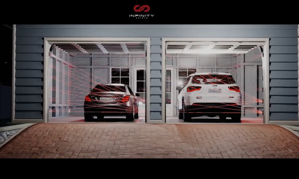 Two cars are parked in a double garage with red motion detection laser lines projected by The Infinity Shield’s Full-Coverage Garage Door Sensors, featuring optic sensors for enhanced security.