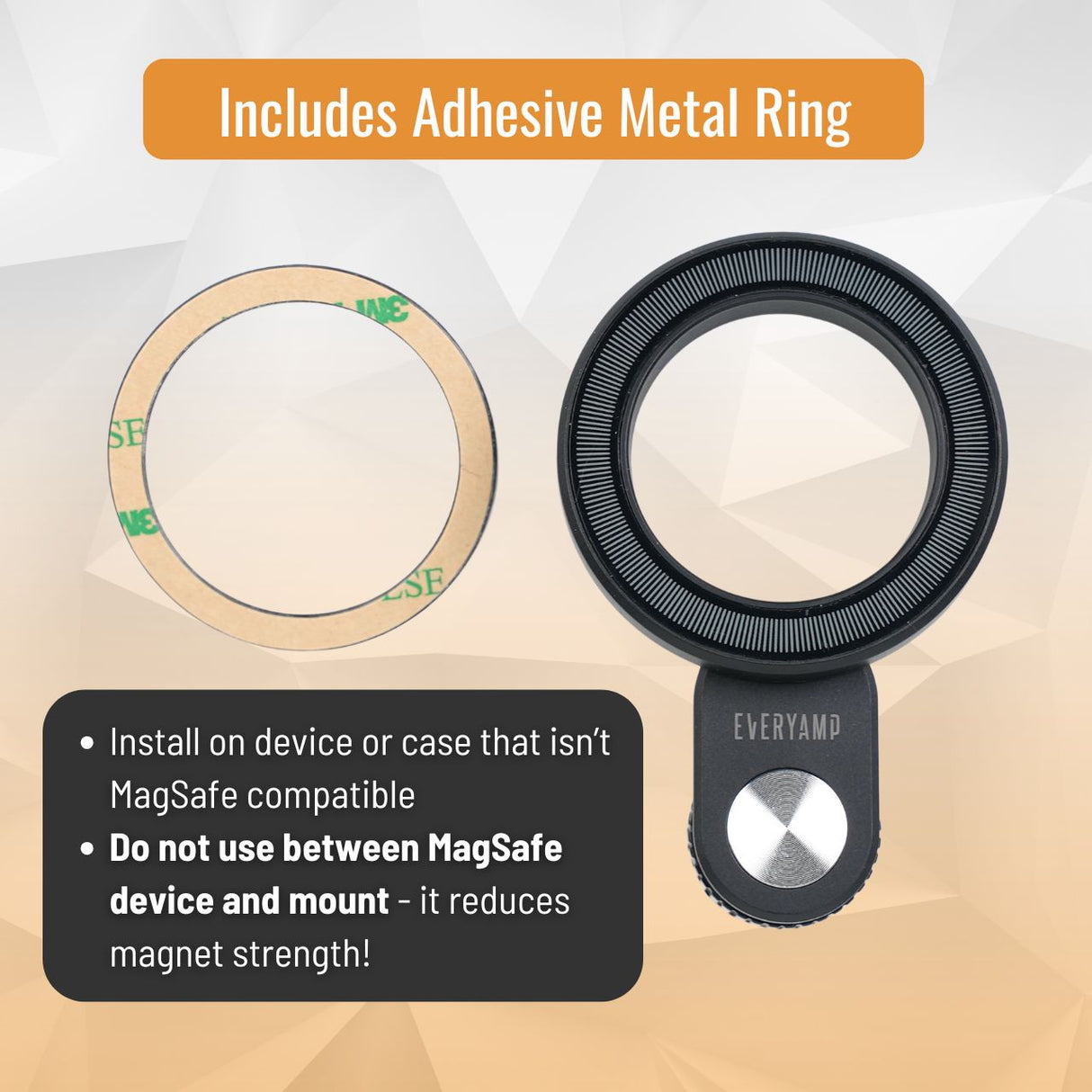 The image shows an adhesive metal ring, labeled as an included accessory, for the EveryAmp Phone Mount Dash Anchor compatible with Rivian R1T & R1S. Instructions are provided for non-MagSafe devices. Warning: dont place between a MagSafe charger and its mount to avoid reducing magnetic strength.